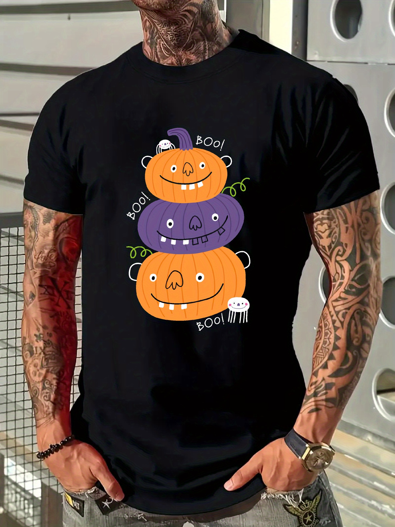 Men's Graphic T-Shirt Boo Words With Smiling Cartoon Pumpkins And Halloween Stacked Pumpkin