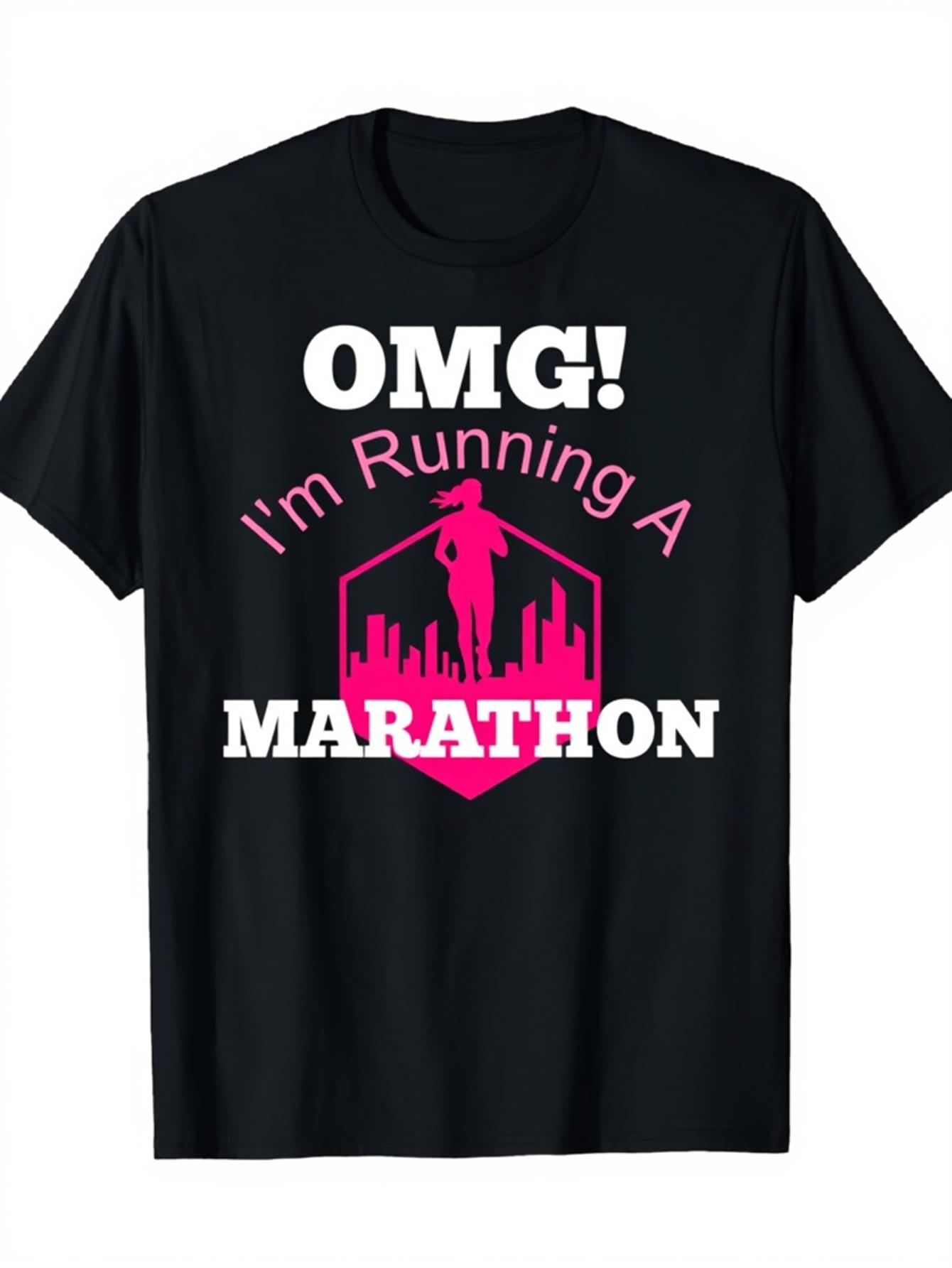 Men's Graphic T-Shirt OMG Im Running A Marathon Pink City Skyline Silhouette Of Female Runner
