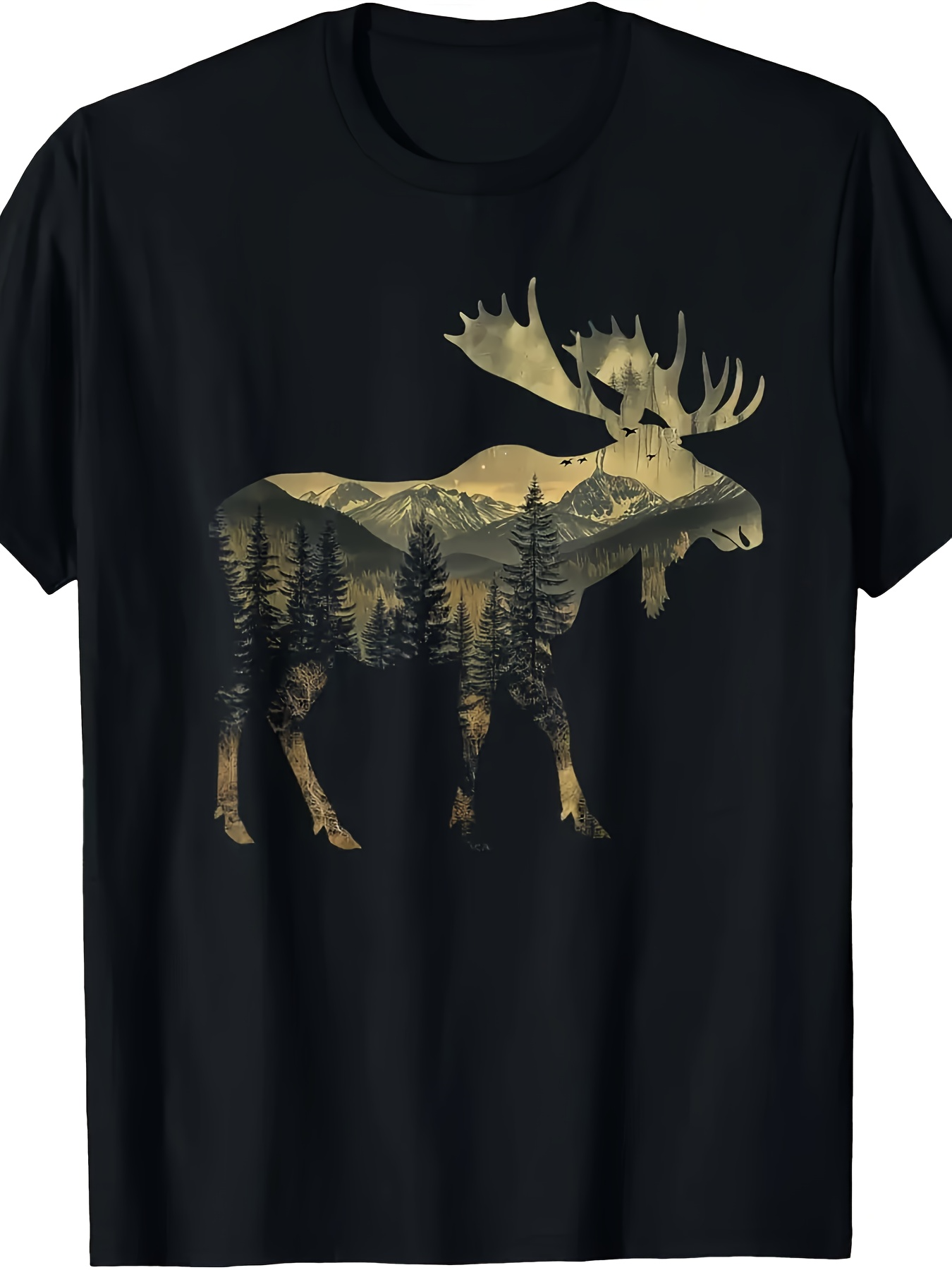 Men's Graphic T-Shirt Peaceful Mountain Landscape Among Pine Trees Moose