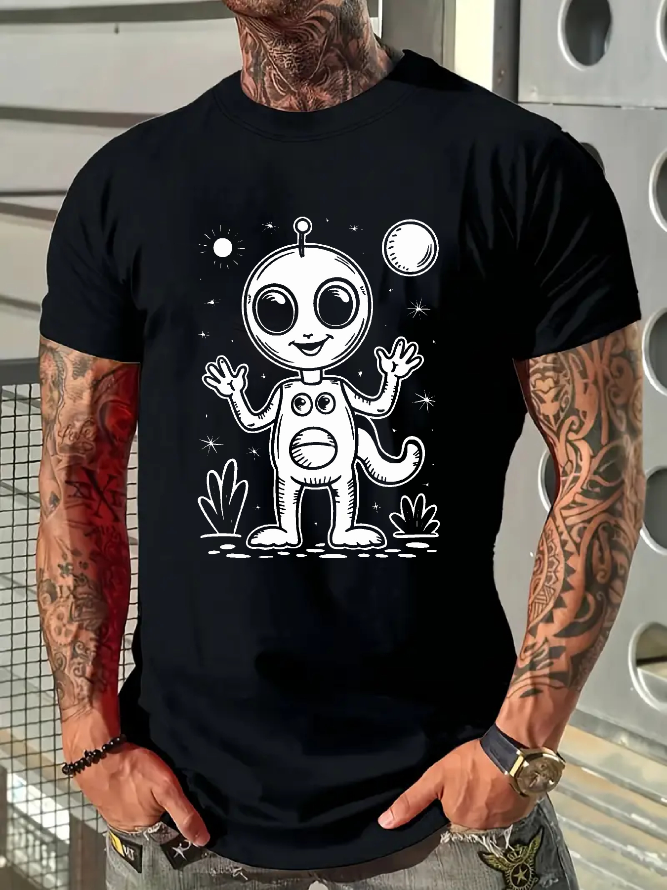 Men's Graphic T-Shirt Playful Smiling Creature Among Stars And Moons Under Night Sky Alien