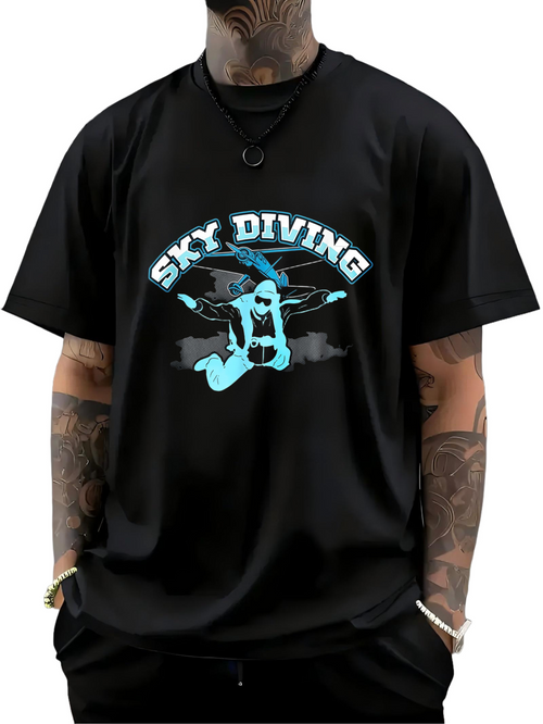Men's Graphic T-Shirt Sky Diving Silhouette Figure With Splashing Abstract Blue Accents Parachute