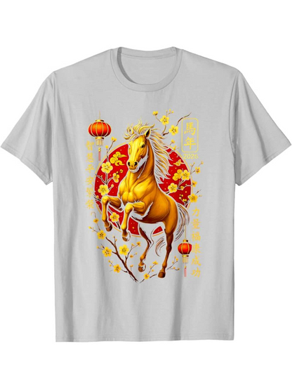 Men's Graphic T-Shirt Golden Lanterns Blooming With Festive Blossoms Among Majestic Horse