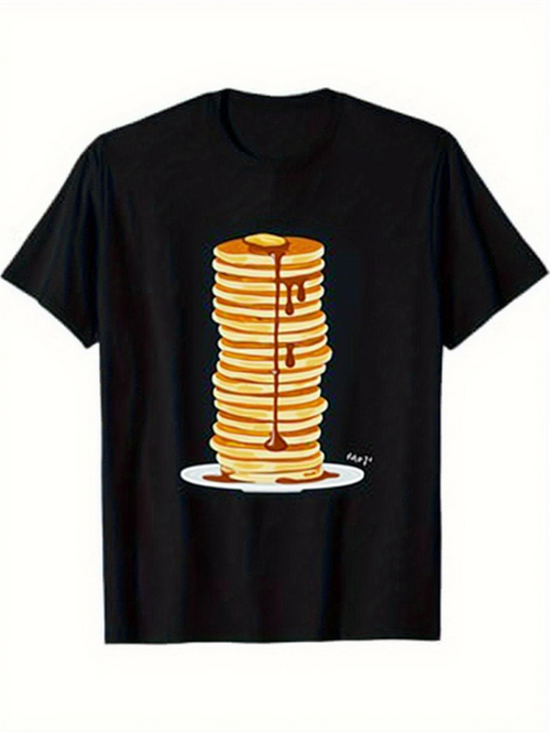 Men's Graphic T-Shirt Stacked Breakfast Pancakes With Golden Syrup On White Plate Pancake