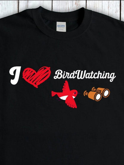 Men's Graphic T-Shirt I Love Birdwatching Red Bird Soaring Over Forest Binoculars
