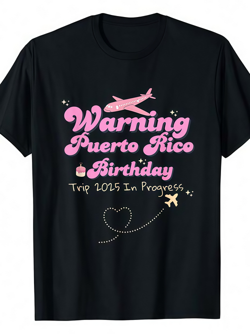 Men's Graphic T-Shirt Warning Puerto Rico Birthday Trip With Airplane And Dotted Heart Trails