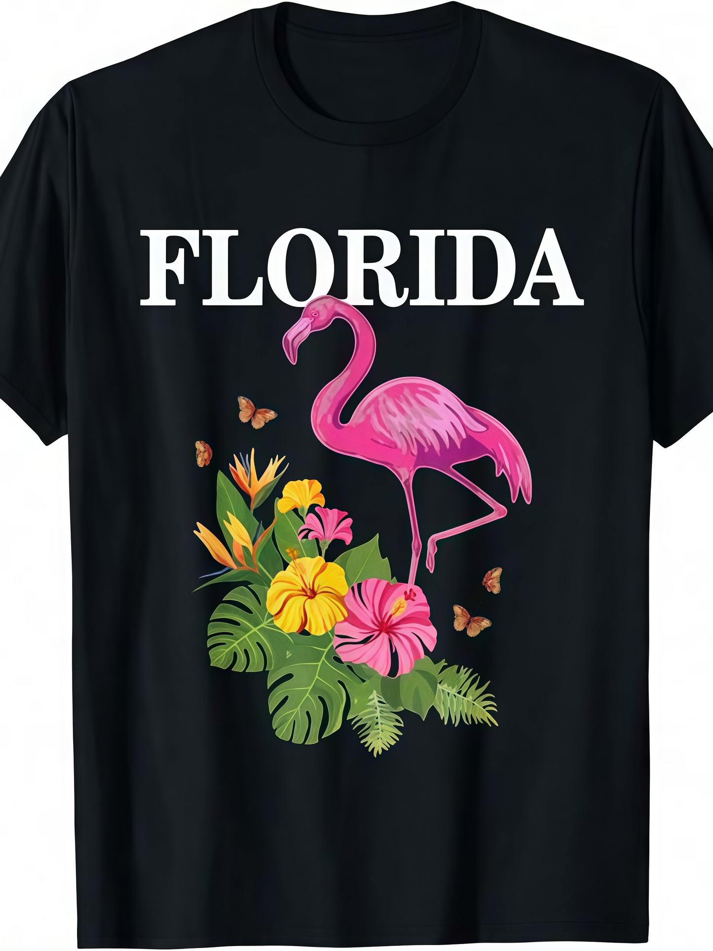 Men's Graphic T-Shirt Florida Pink Flamingo Standing Among Tropical Flowers And Butterflies