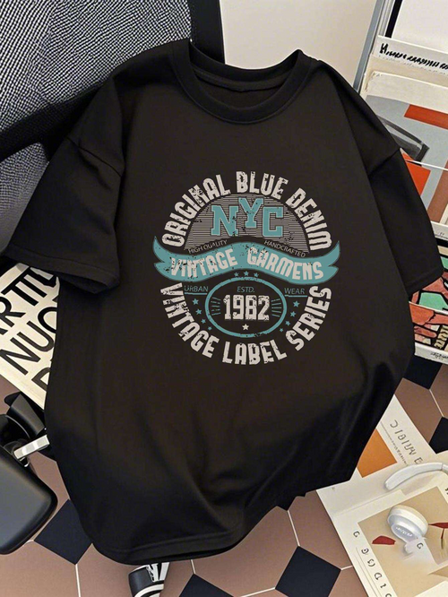 Men's Graphic T-Shirt Original Blue Denim Vintage Gardens Emblem With Circular Lettering And NYC Text Shirt