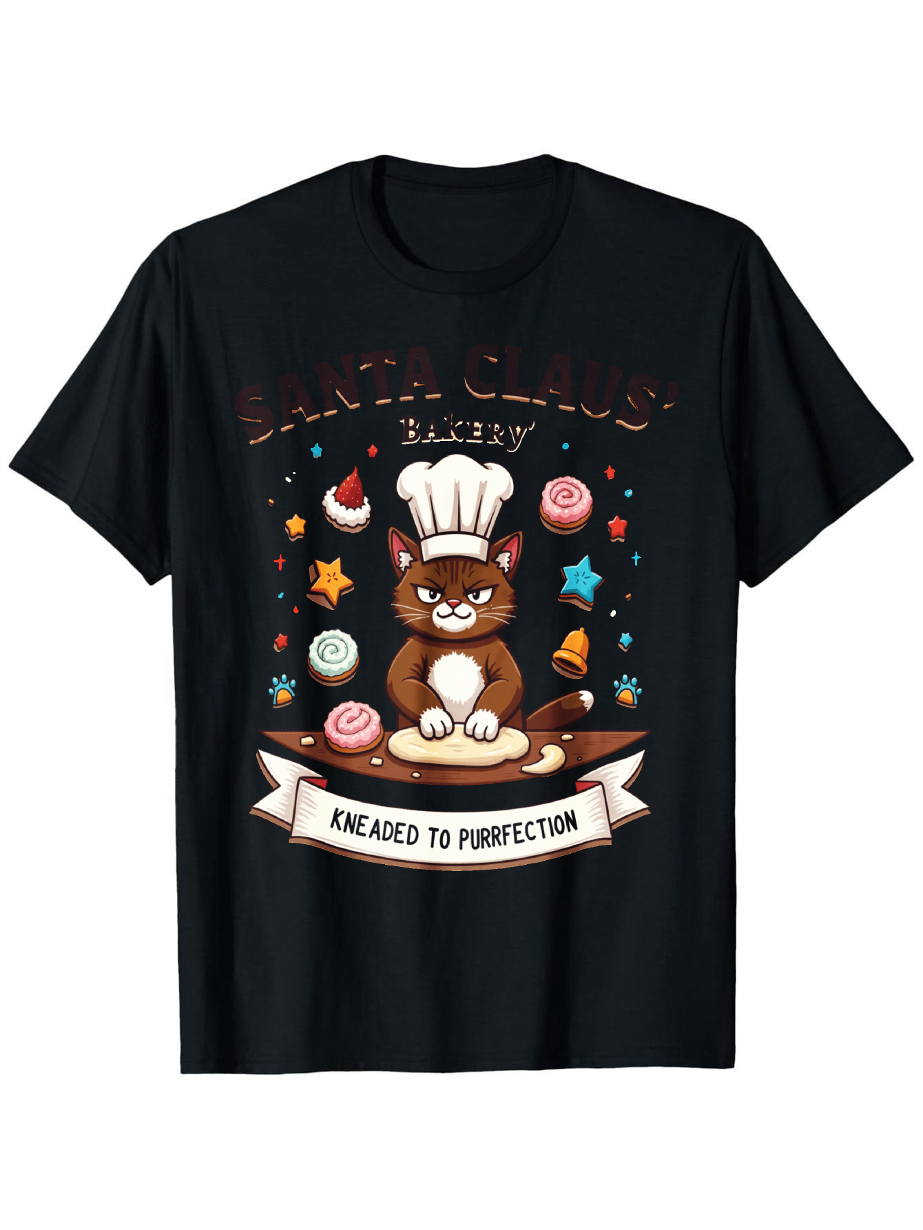 Men's Graphic T-Shirt Kneaded To Perfection Whimsical Cat Chef Surrounded By Colorful Bakery Treats