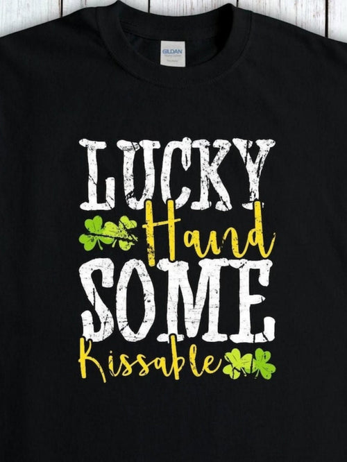 Men's Graphic T-Shirt Lucky Handsome Kissable With Green Shamrock Accents Design