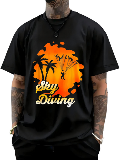 Men's Graphic T-Shirt Sky Diving Sunset Silhouette With Palm Trees And Birds In Orange Backdrop Skydiver