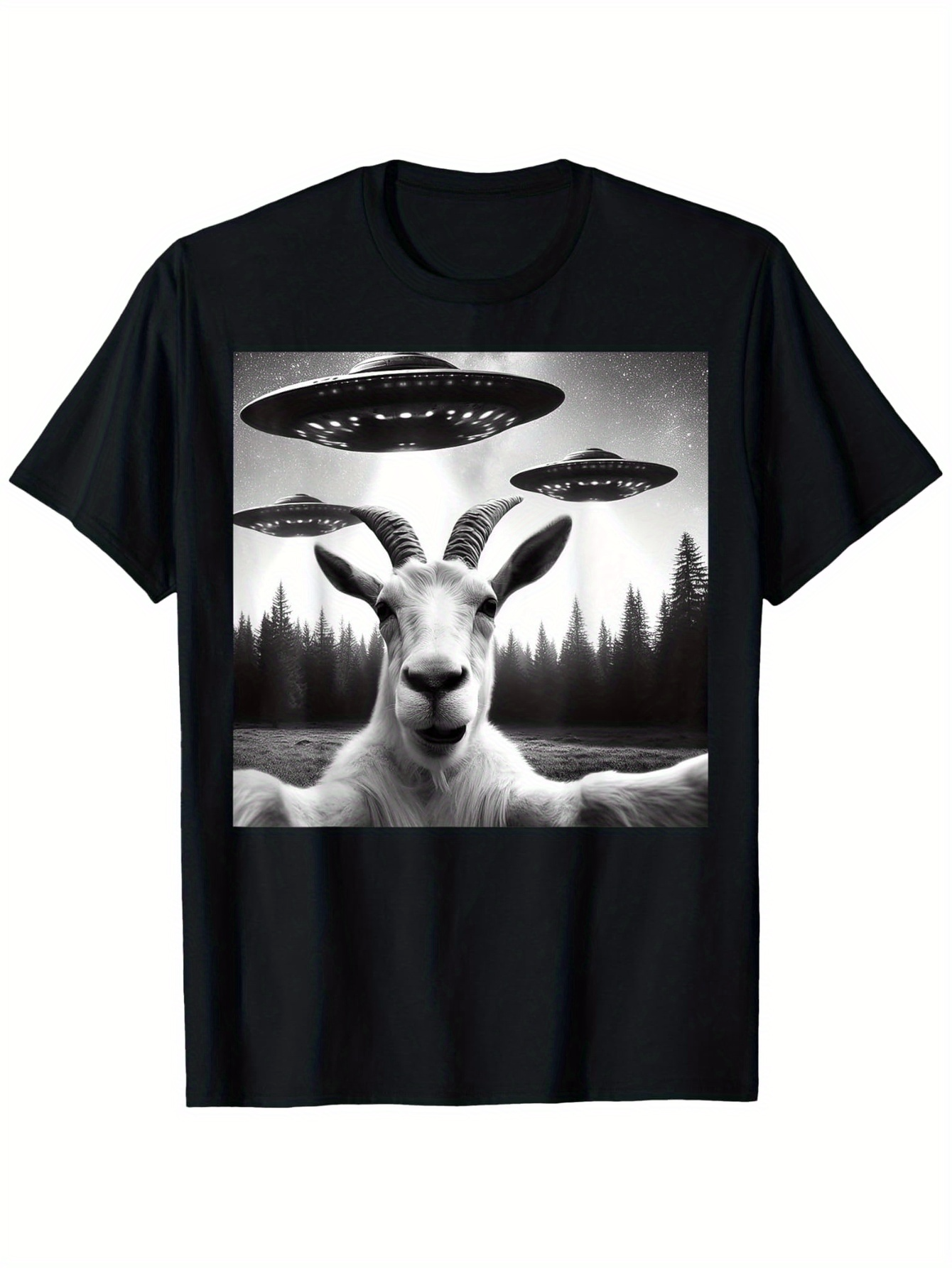 Men's Graphic T-Shirt Mysterious Forest Under Alien Spaceships With Curious Goat