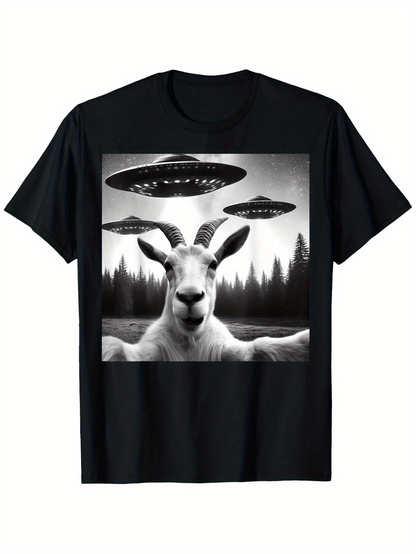 Men's Graphic T-Shirt Mysterious Forest Under Alien Spaceships With Curious Goat