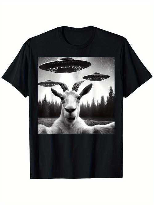 Men's Graphic T-Shirt Mysterious Forest Under Alien Spaceships With Curious Goat