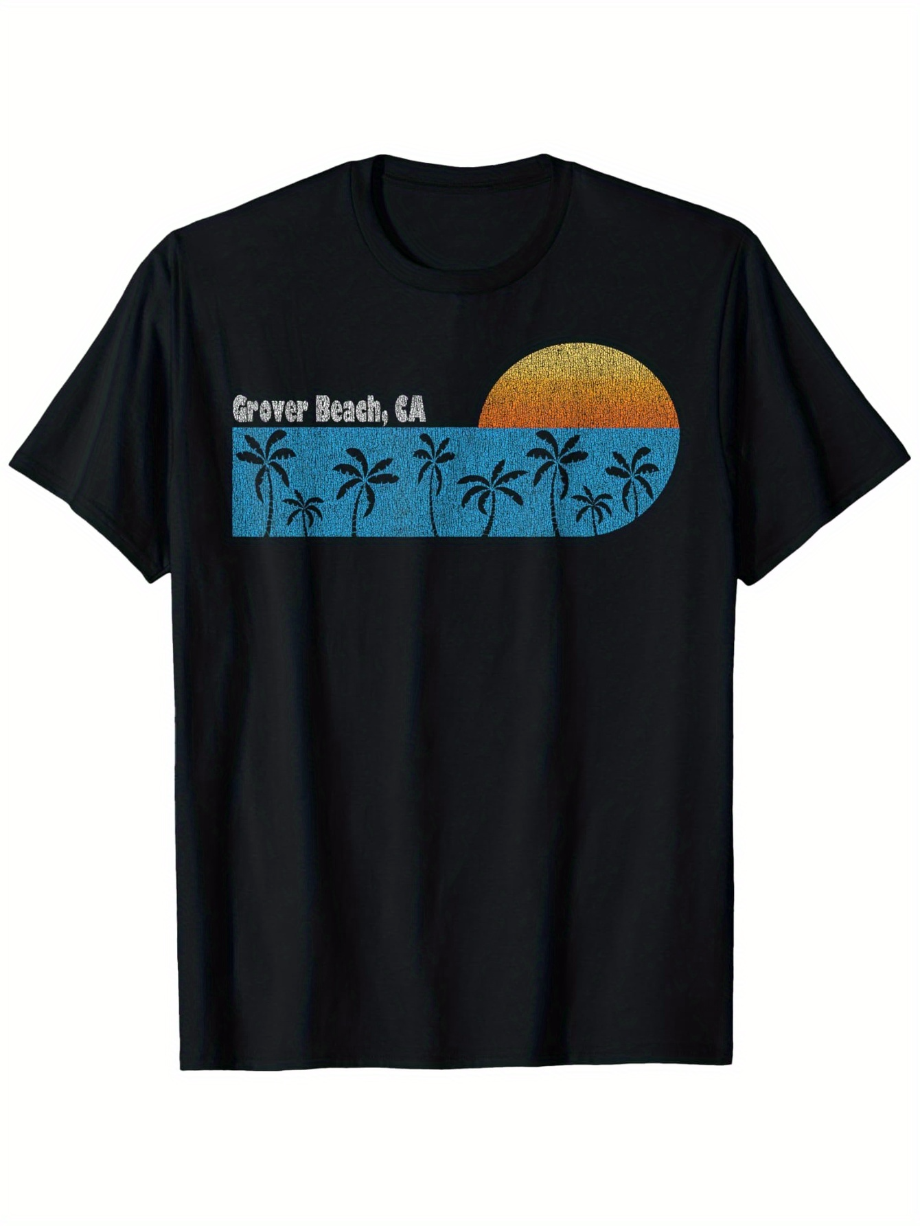 Men's Graphic T-Shirt Grover Beach CA Palm Silhouettes With Setting Sun And Blue Ocean