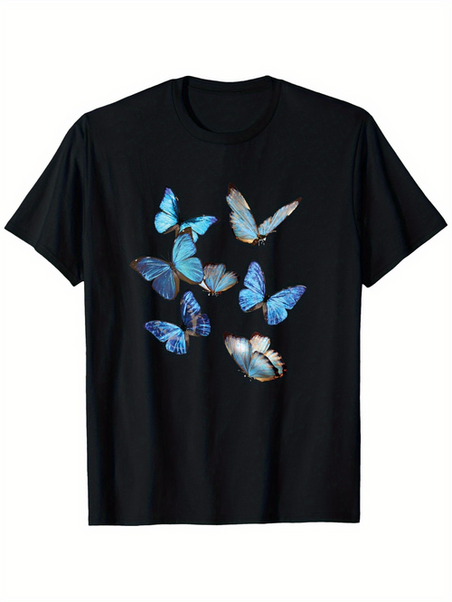 Men's Graphic T-Shirt Blue Winged Butterflies Flying Over Gentle Midnight Breeze Butterfly