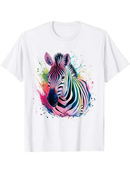 Men's Graphic T-Shirt Vibrant Watercolor Paint Splashes Surrounding A Majestic Zebra
