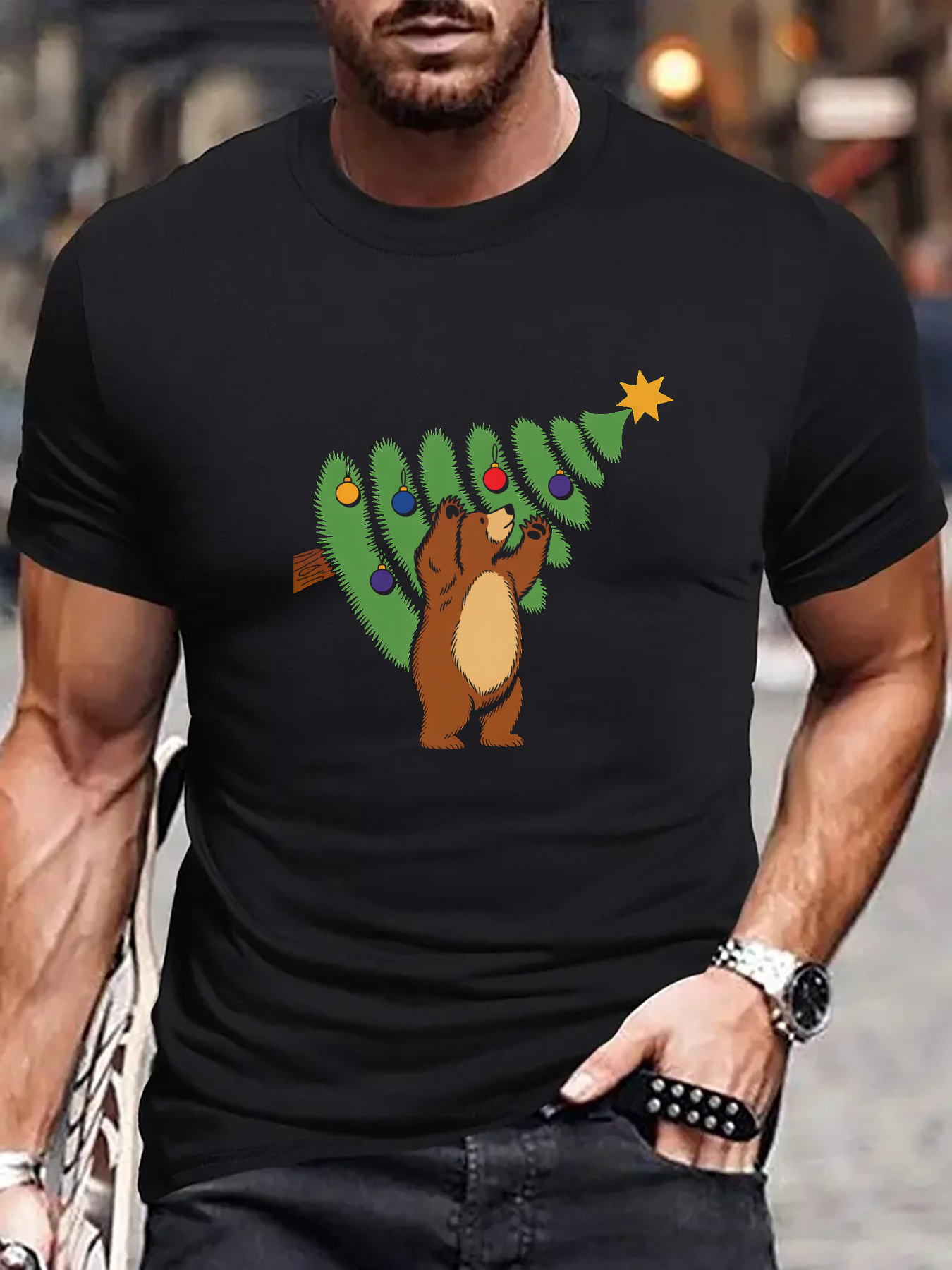 Men's Graphic T-Shirt Playful Bear Decorating Colorful Christmas Tree With Shining Star