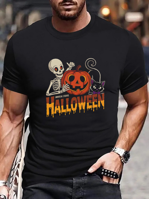 Men's Graphic T-Shirt Halloween Night With Grinning Pumpkin Skeleton And Playful Black Cat