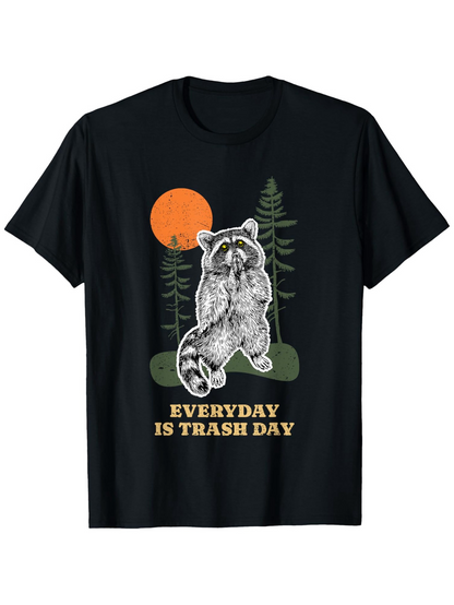Men's Graphic T-Shirt Everyday Is Trash Day Playful Raccoon With Forest Trees Under Orange Sun
