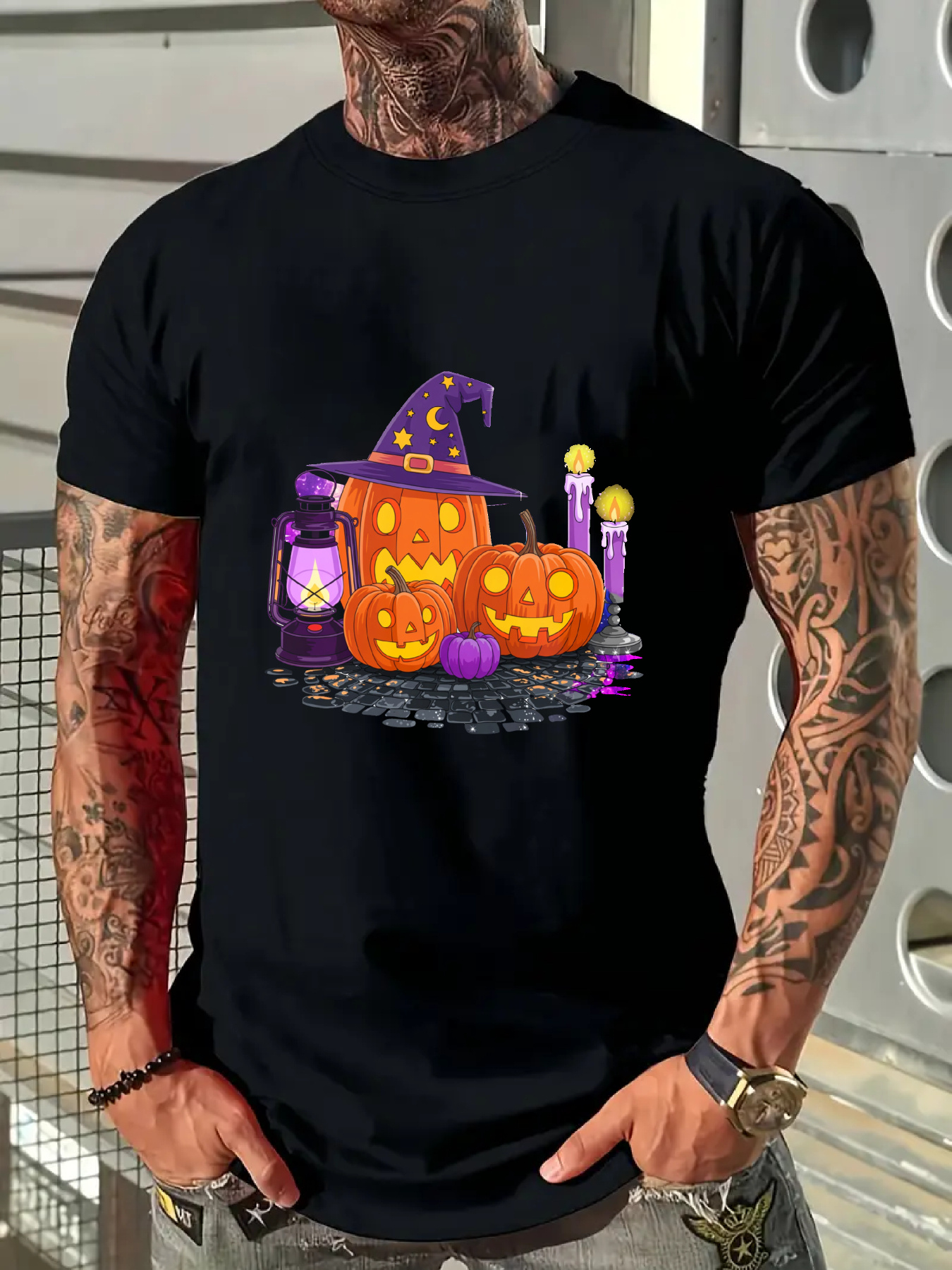 Men's Graphic T-Shirt Purple Candlelight With Smiling Pumpkin Jack O Lantern Group