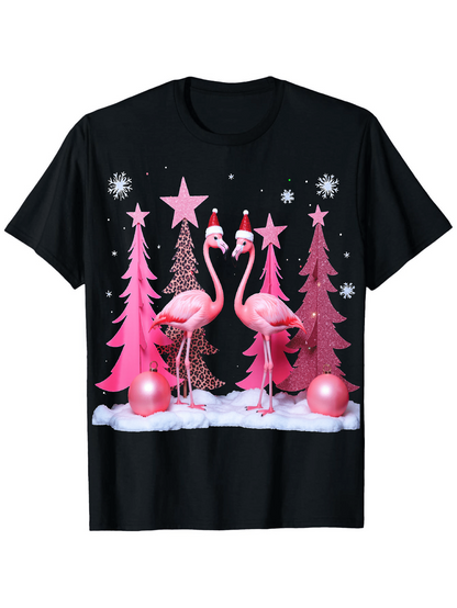 Men's Graphic T-Shirt Winter Scene With Shimmering Baubles Pink Trees And Festive Flamingo