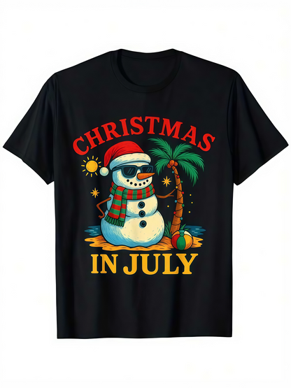 Men's Graphic T-Shirt Christmas In July Sunny Beach Vibes With Palm Trees And Snowman