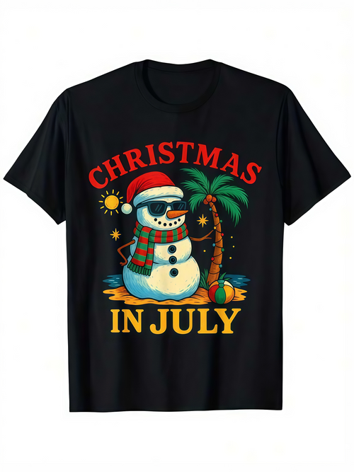 Men's Graphic T-Shirt Christmas In July Sunny Beach Vibes With Palm Trees And Snowman