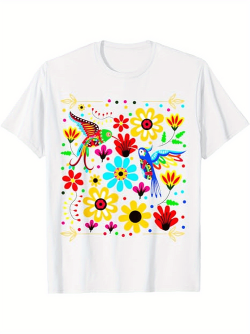 Men's Graphic T-Shirt Colorful Wild Blossoms And Birds In Vivid Pattern Art