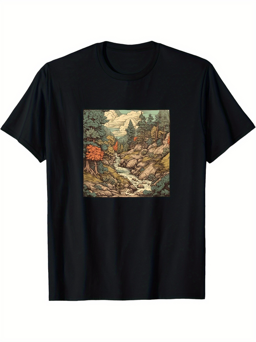 Men's Graphic T-Shirt Tranquil Autumn Forest Stream Flowing Among Mossy Rocks