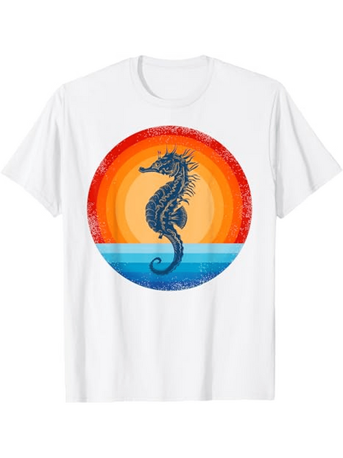 Men's Graphic T-Shirt Colorful Sunset Gradient Circle With Ocean Water And Textured Seahorse