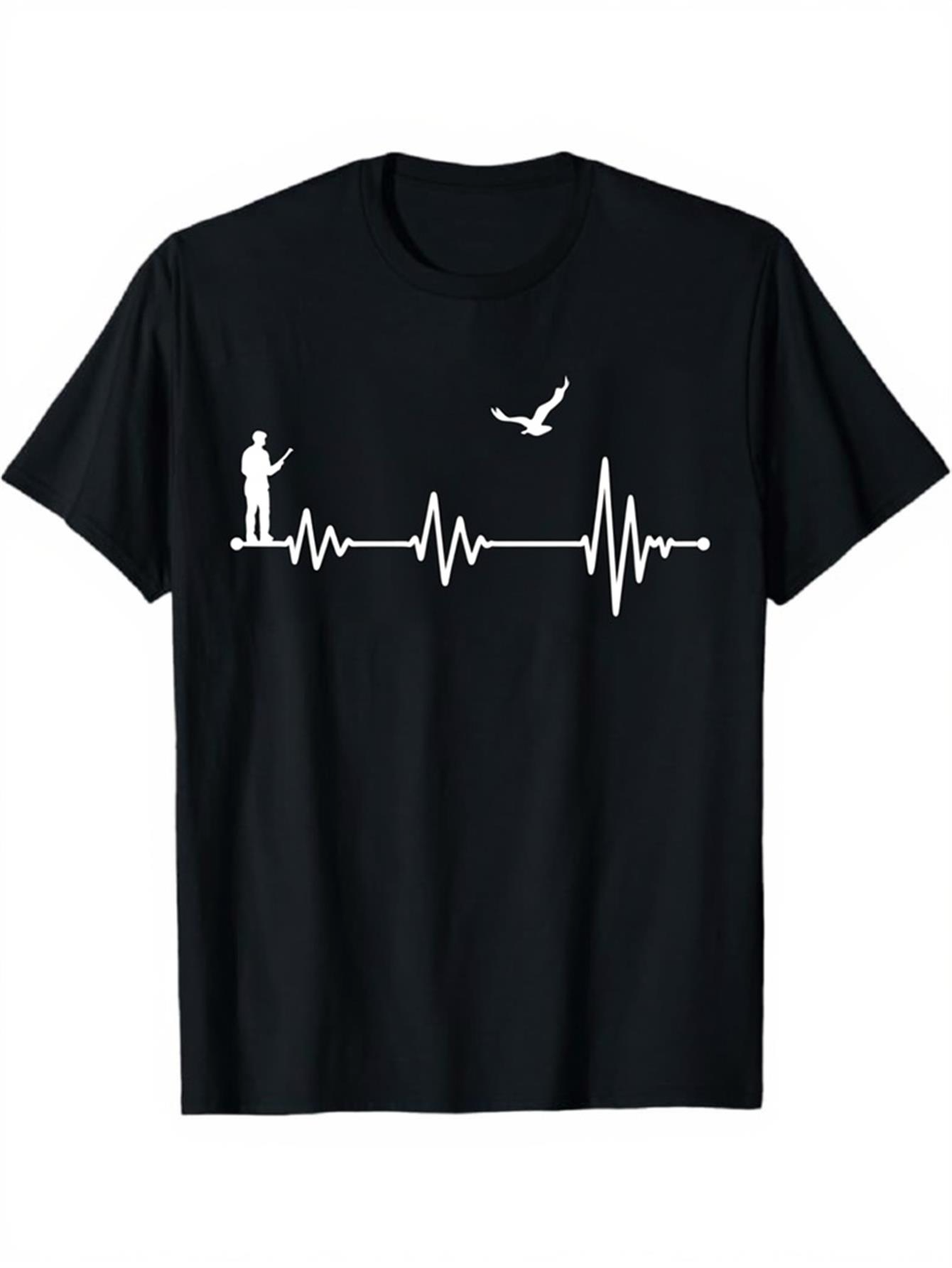 Men's Graphic T-Shirt Heartbeat Graph With Fisherman Standing And Bird Above Water