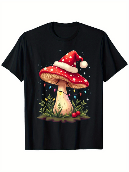 Men's Graphic T-Shirt Festive Night Magic With Red Cap Holiday Hat Mushroom