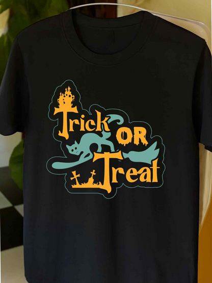 Men's Graphic T-Shirt Trick Or Treat Halloween Cat With Flying Bat And Spooky Graveyard Night