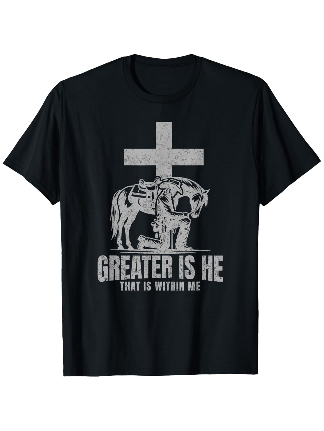 Men's Graphic T-Shirt Greater Is He With Bold Cross And Roaring Lion Under Inspirational Sunlight