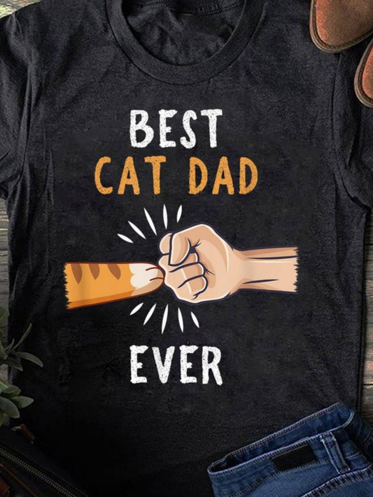 Women's Graphic T-Shirt Best Cat Dad Ever With Paw Fist Bump Illustration And Drawn Lines