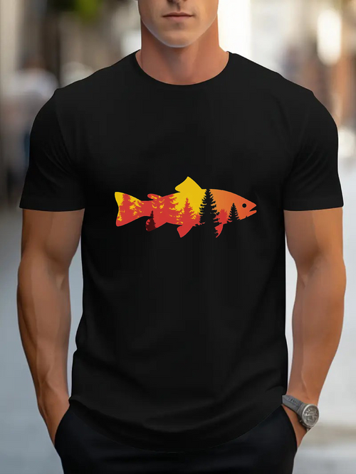 Men's Graphic T-Shirt Autumn Forest Scenery Reflected In Vibrant Orange Silhouette Fish