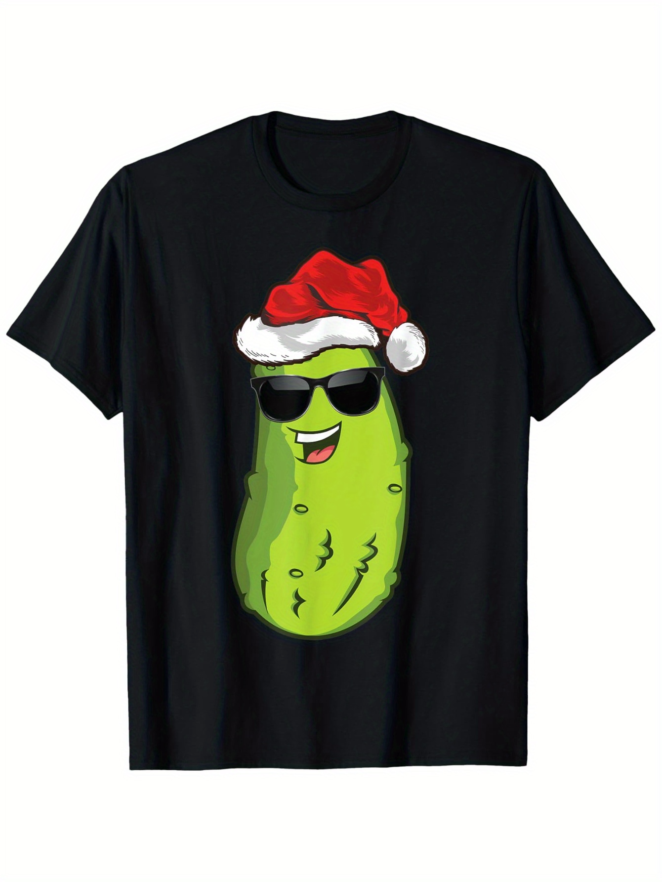 Men's Graphic T-Shirt Fun Christmas Pickle With Santa Hat And Cool Sunglasses Green Character