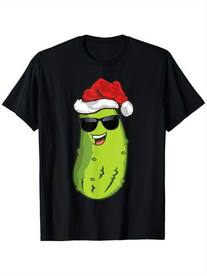 Men's Graphic T-Shirt Fun Christmas Pickle With Santa Hat And Cool Sunglasses Green Character