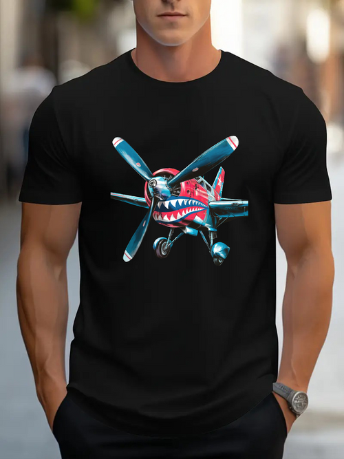 Men's Graphic T-Shirt Vintage Fighter Plane With Shark Teeth Art Illustration Airplane