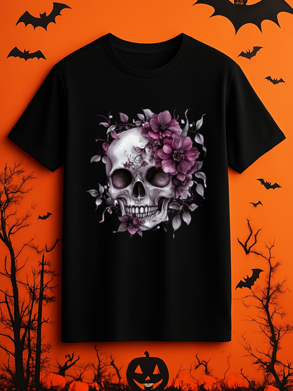 Men's Graphic T-Shirt Dark Roses Blooming Around Lifelike Skull In Shadowy Night Skull