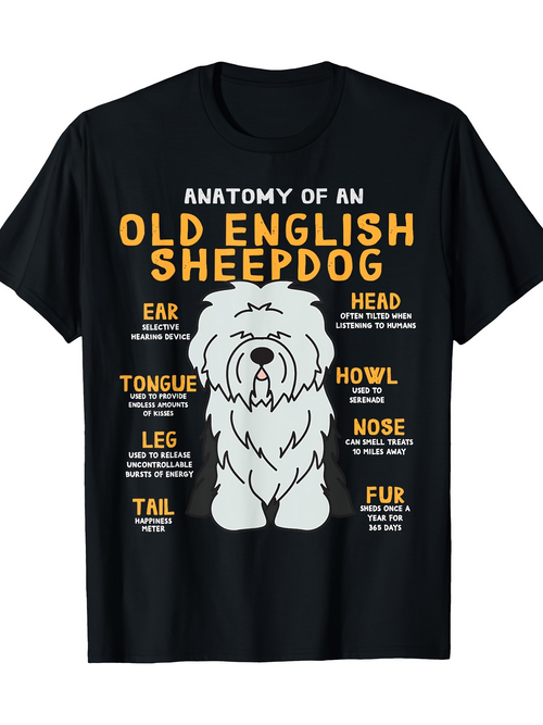 Men's Graphic T-Shirt Playful Guide With Adorable Fluffy Sheepdog Surrounded By Anatomy Text Diagram Sheepdog