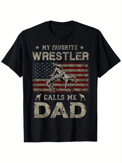 Men's Graphic T-Shirt My Favorite Wrestler Calls Me Dad Patriotic USA Flag With Vintage Texture And Wrestling Action T Shirt