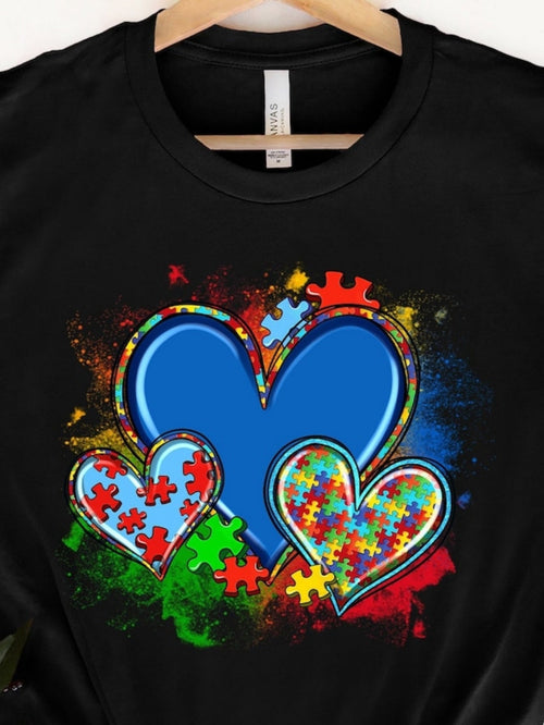 Men's Graphic T-Shirt Colorful Painted Puzzle Pieces Surrounding Three Big Hearts