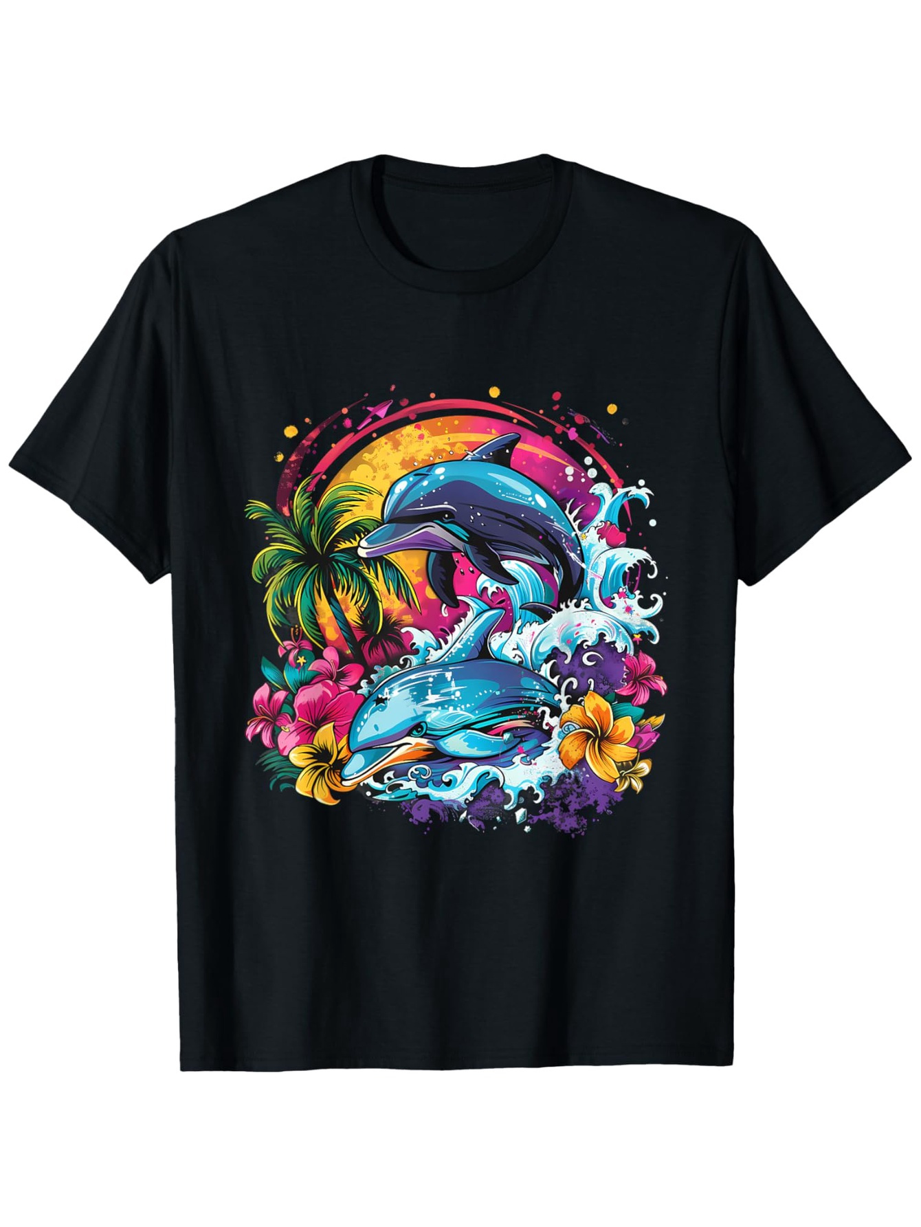 Men's Graphic T-Shirt Colorful Sunset With Palm Tree Splashing Waves Playful Dolphin