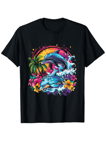 Men's Graphic T-Shirt Colorful Sunset With Palm Tree Splashing Waves Playful Dolphin