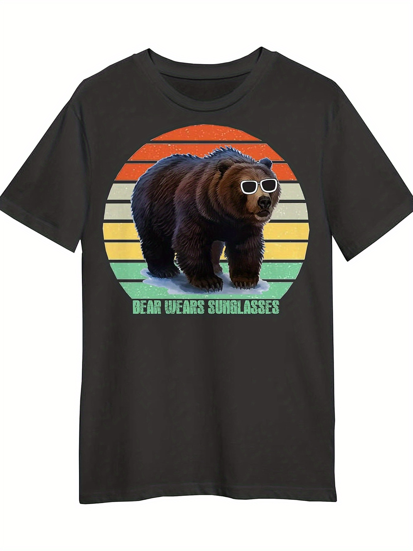 Men's Graphic T-Shirt Bear Wearing Sunglasses Standing Against Retro Sunset Colors