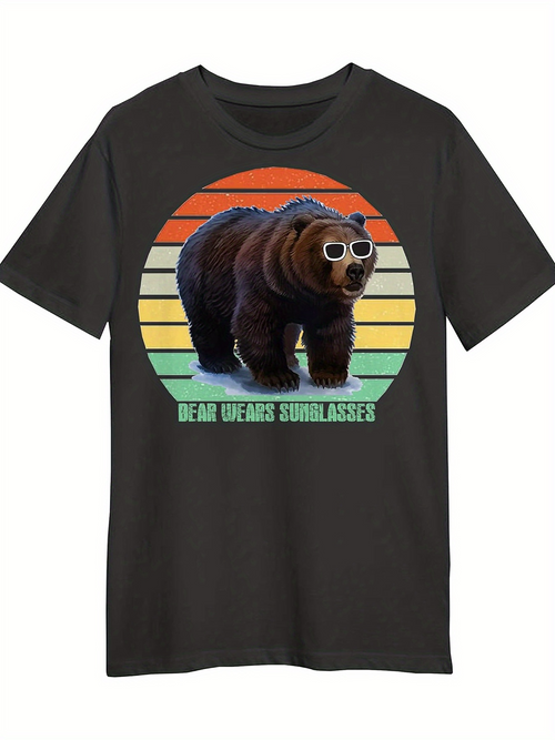 Men's Graphic T-Shirt Bear Wearing Sunglasses Standing Against Retro Sunset Colors
