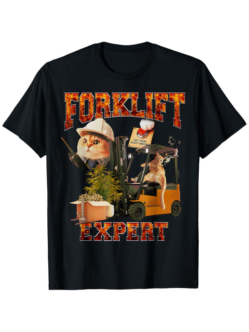 Men's Graphic T-Shirt Forklift Expert Cats Wearing Helmets Driving A Small Vehicle