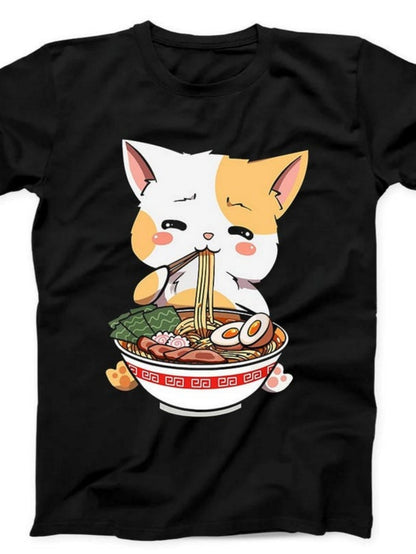 Men's Graphic T-Shirt Cute Cat Slurping Noodles Beside Tasty Ramen Bowl
