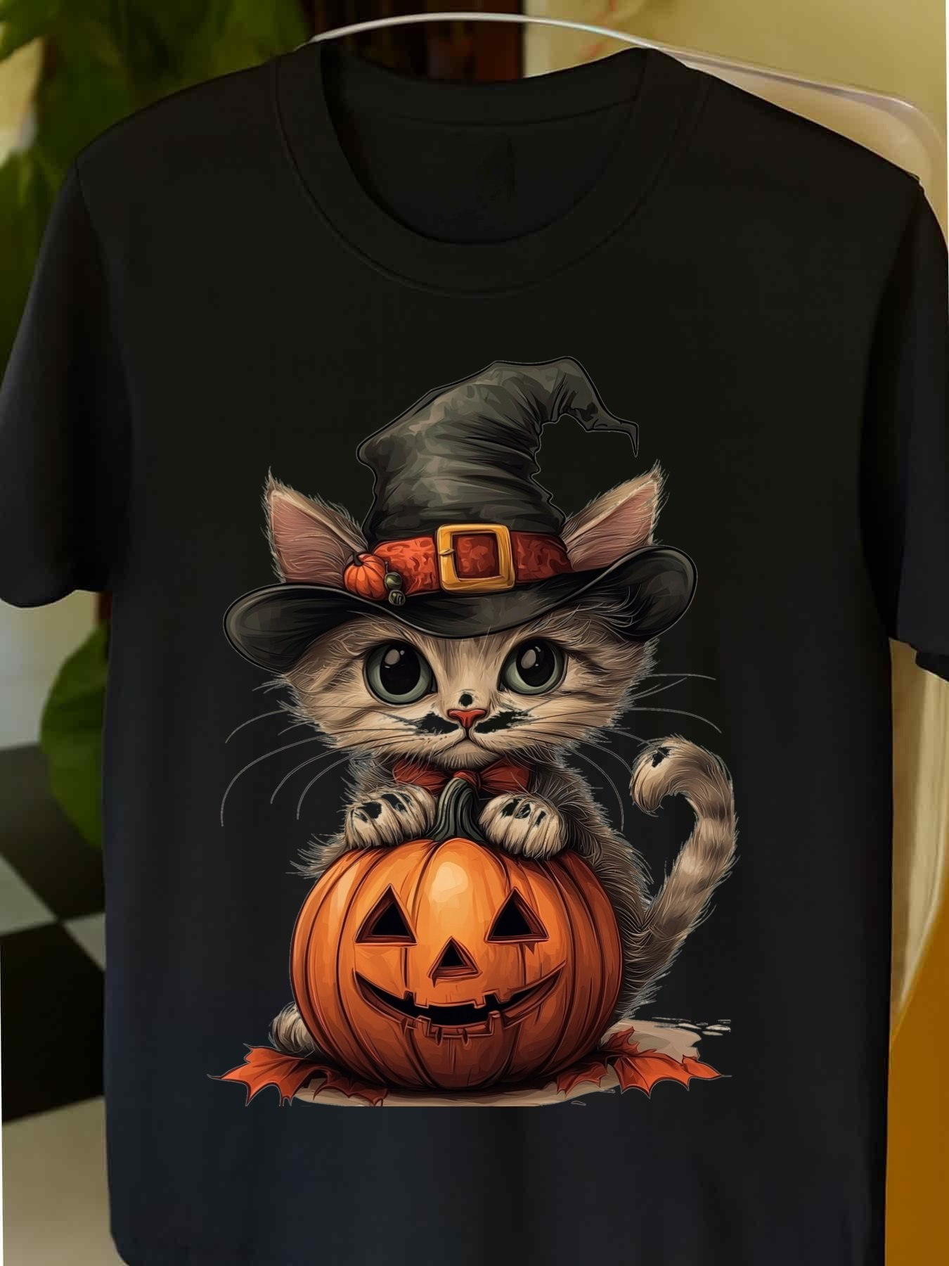 Men's Graphic T-Shirt Adorable Kitten Wearing Witch Hat With Jack O Lantern Pumpkin